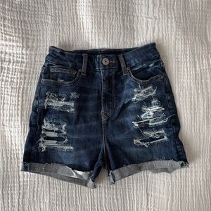 American Eagle Outfitters curvy high waisted shortie- dark distressed denim